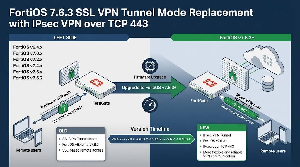 FortiGate FortiOS 7.6.3 migration from SSL VPN Tunnel Mode to IPsec VPN over TCP 443.