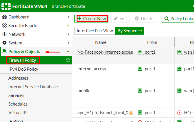 FortiGate Dialup IPsec VPN Setup & Troubleshooting Guide FortiGate GUI menu showing Firewall Policy section and Create New button