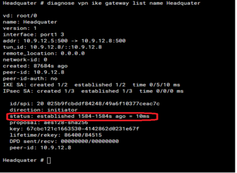 FortiGate Dialup IPsec VPN Setup & Troubleshooting Guide FortiGate CLI output showing established IPsec VPN tunnel status on HQ firewall