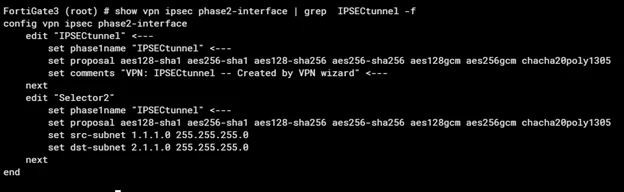 FortiGate CLI IPsec VPN phase 2 interface configuration screen