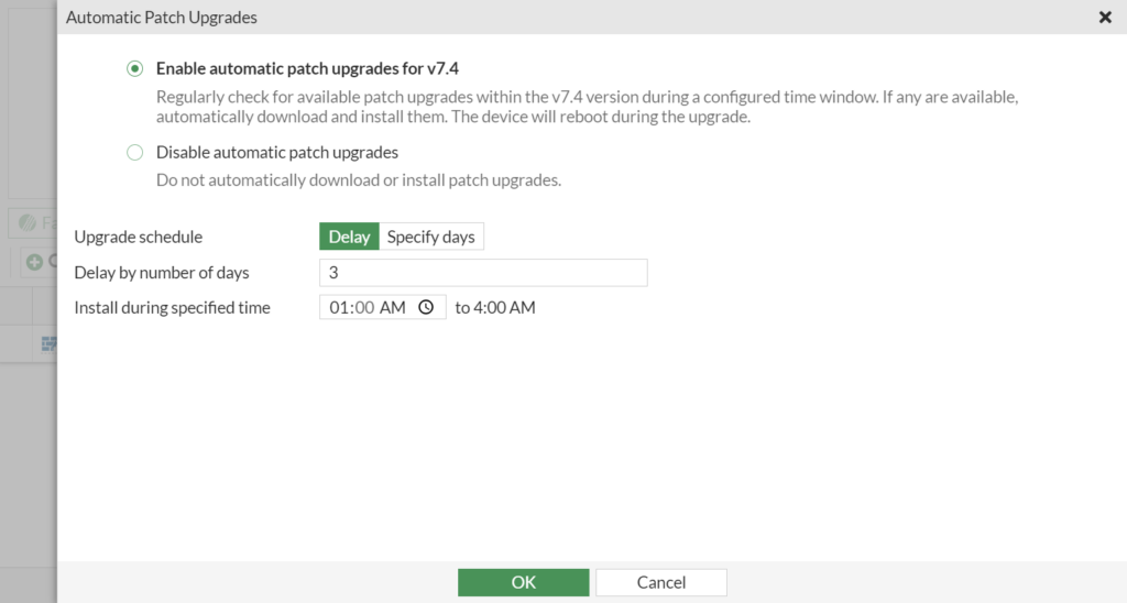 FortiGate Auto Patch: 6 Proven Rules to Fortify, Simplify & Sleep Better FortiGate automatic patch upgrades delay schedule settings window
