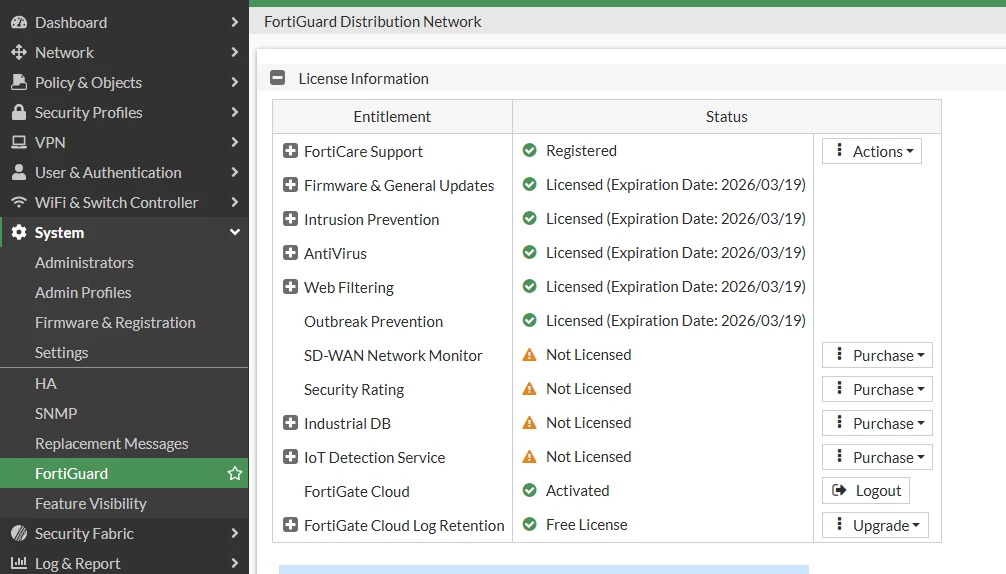 FortiGate 7.4.2+ Upgrade: License Mistakes You’ll Regret FortiGate GUI License Information and FortiGuard entitlements status widget