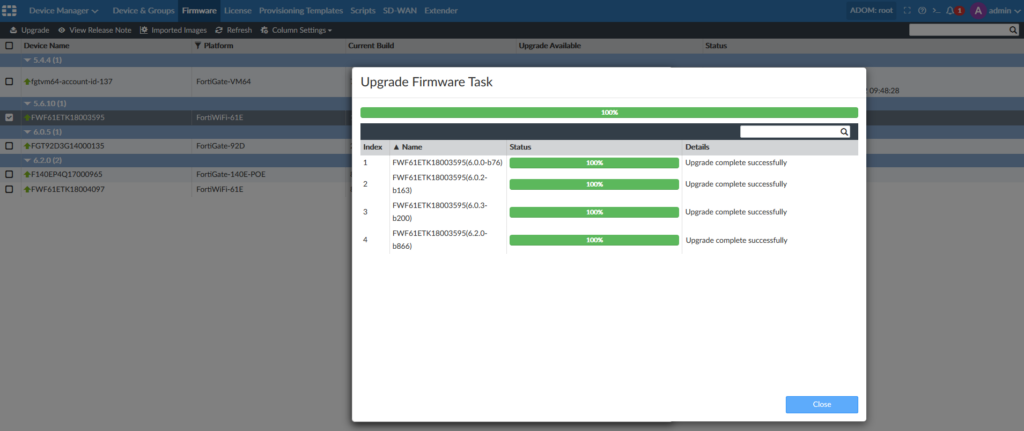 FortiManager FortiGate firmware upgrade complete window