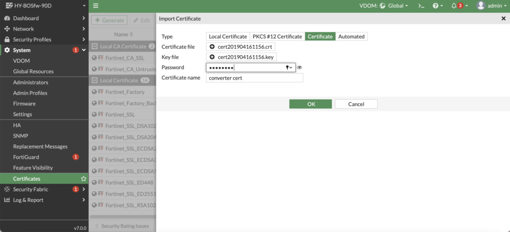 FortiGate IPsec VPN: Ultimate Certificate Setup & Fix Guide FortiGate GUI Import Certificate window under System Certificates menu