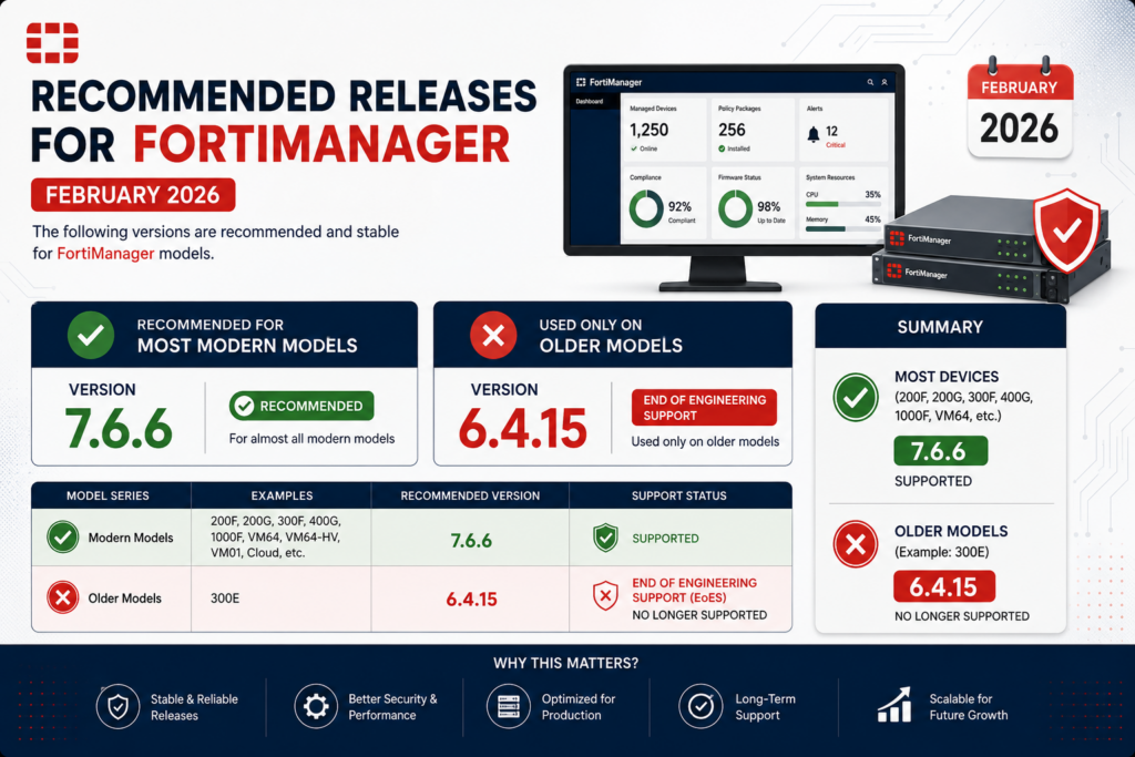 FortiManager & FortiAnalyzer Recommended Versions 2026 FortiManager recommended releases February 2026 version 7.6.6 and 6.4.15 model support breakdown