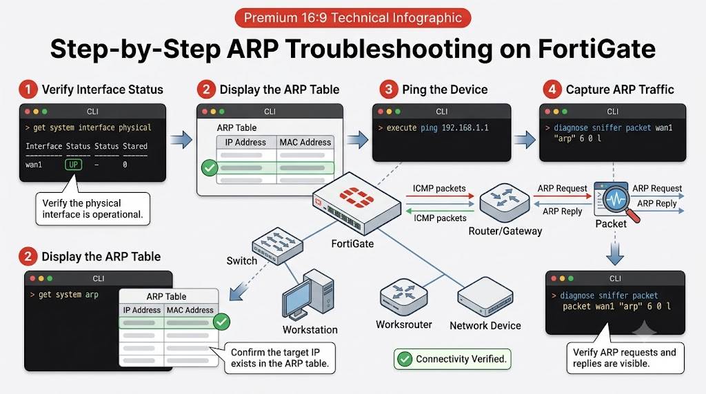 How to Read the FortiGate ARP Table (NAT Mode) Technical infographic illustrating FortiGate ARP troubleshooting steps.