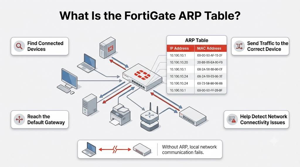 How to Read the FortiGate ARP Table (NAT Mode) Technical diagram of the FortiGate ARP table functions.