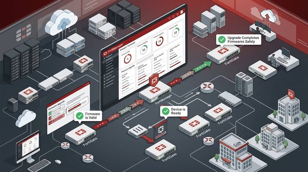 Network diagram showing FortiManager upgrading FortiGate firewalls.