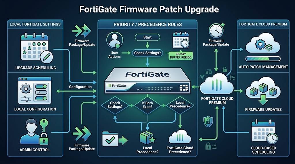 FortiGate Auto Patch: 6 Proven Rules to Fortify, Simplify & Sleep Better Diagram showing FortiGate firmware patch upgrade process flow (8 words)