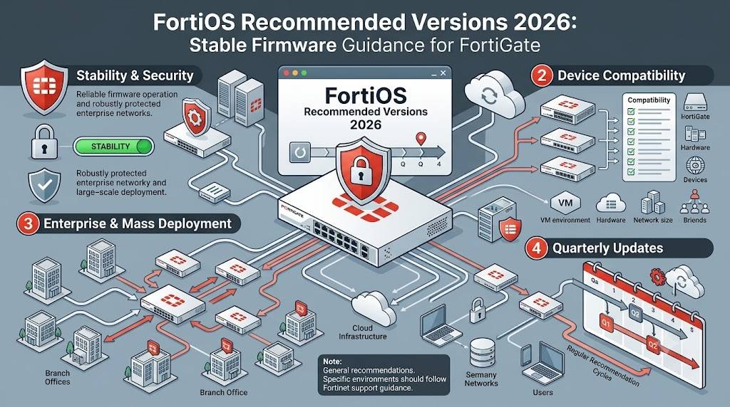 FortiOS Recommended Versions 2026: Stable, Secure & Latest Guide Technical infographic showing FortiOS 2026 recommended firmware versions.