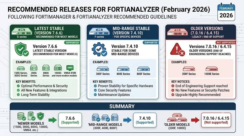 FortiManager & FortiAnalyzer Recommended Versions 2026 Recommended FortiAnalyzer releases February 2026 chart