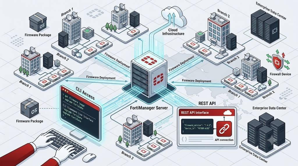 Using Firmware Manager CLI and API for Reliable Control A isometric technical diagram showing FortiManager managing FortiGate devices.