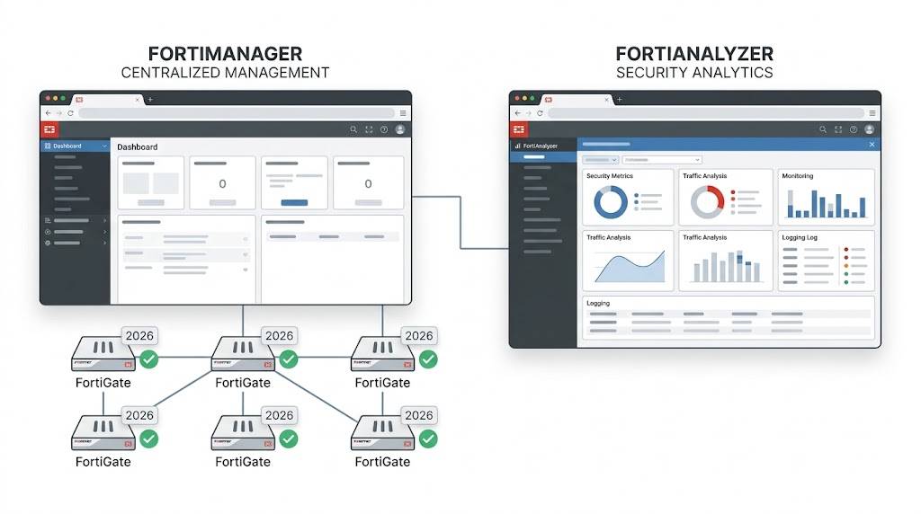 FortiManager & FortiAnalyzer Recommended firmware version management and security analytics dashboard illustration
