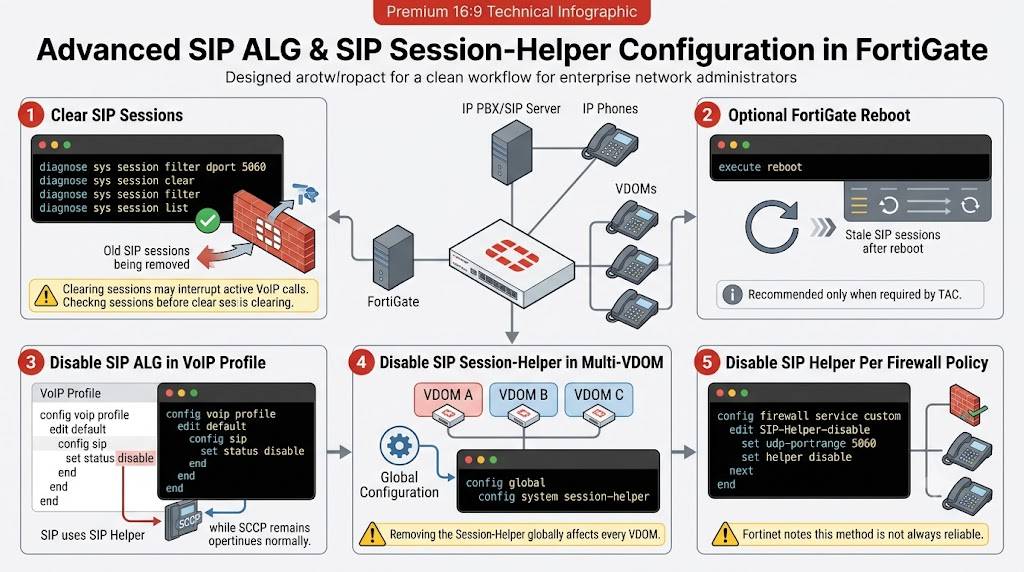 Technical infographic of FortiGate SIP configuration workflow steps.