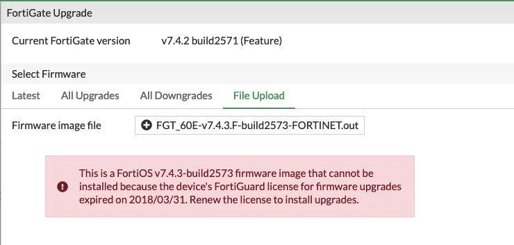 FortiGate 7.4.2+ Upgrade: License Mistakes You’ll Regret FortiGate firmware upgrade blocked due to expired license