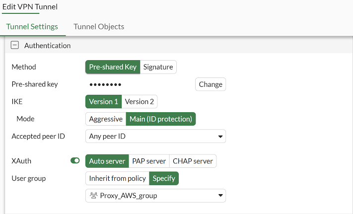 FortiGate IPsec VPN authentication settings screenshot