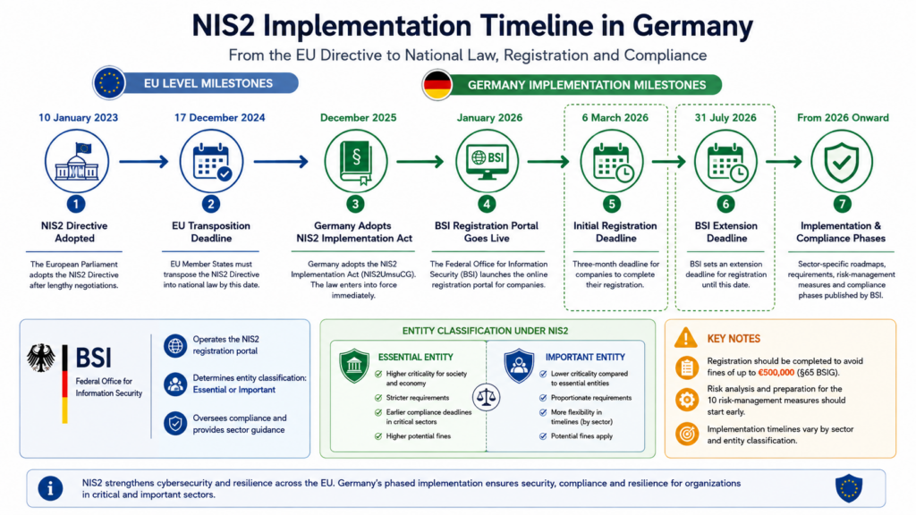 NIS2 implementation timeline in Germany showing key EU and German compliance milestones from 2023 to 2026.