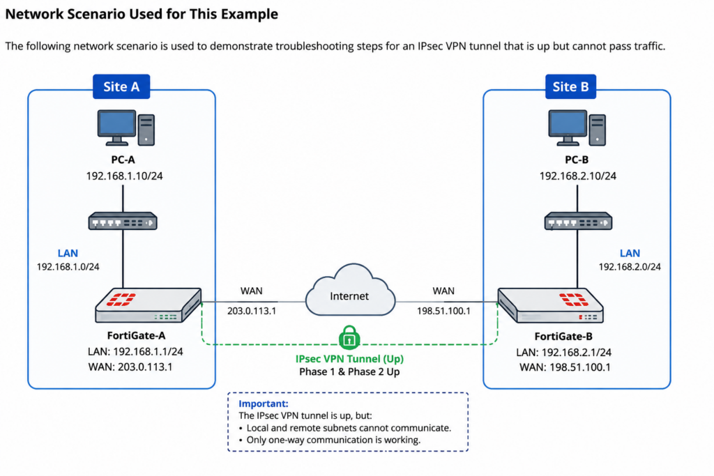 FortiGate IPsec VPN network topology diagram showing a scenario where FortiGate IPsec VPN is Up but Network is Not Reachable.