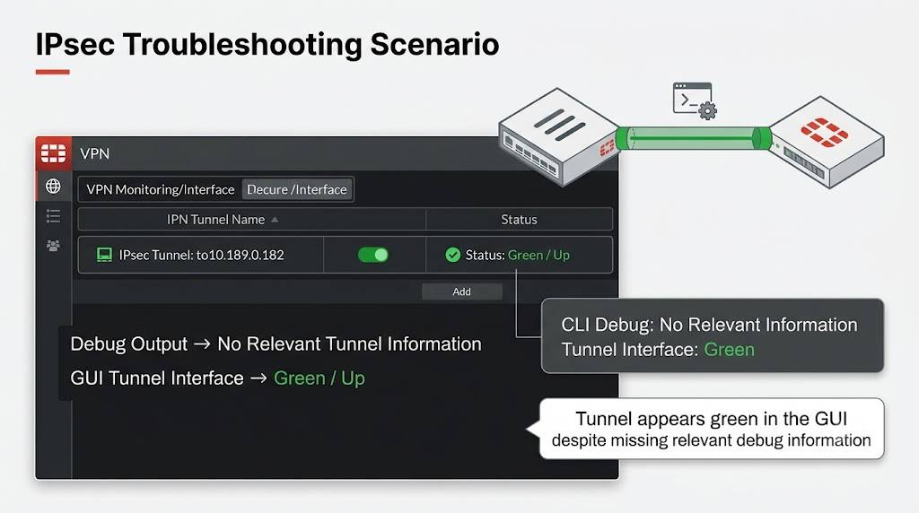 IPsec VPN troubleshooting slide showing active green tunnel in GUI