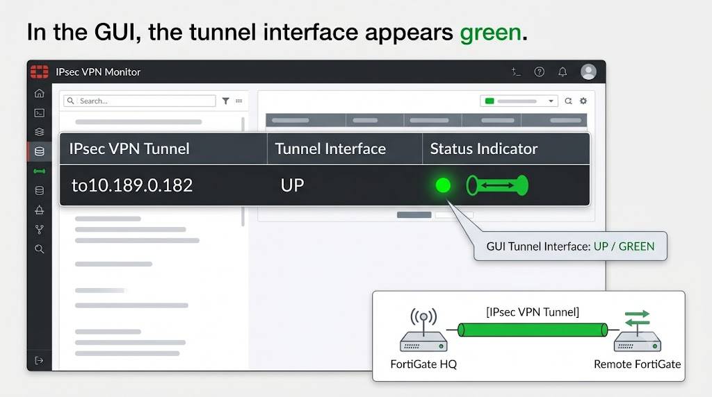FortiGate GUI screen showing an active green IPsec VPN tunnel.