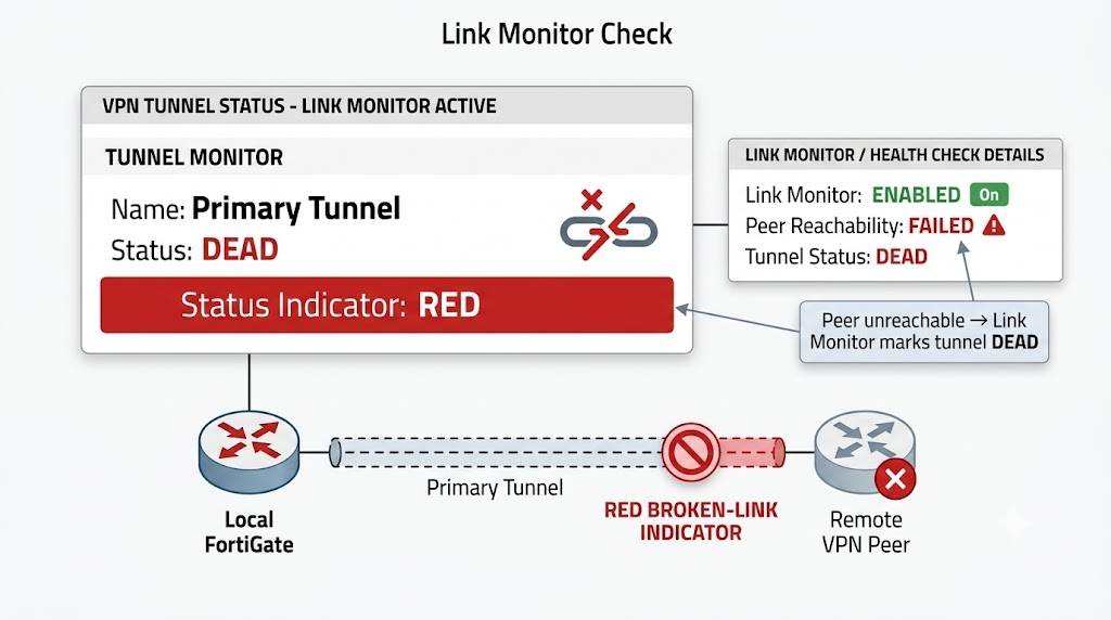 FortiGate VPN troubleshooting infographic for a dead Primary Tunnel.