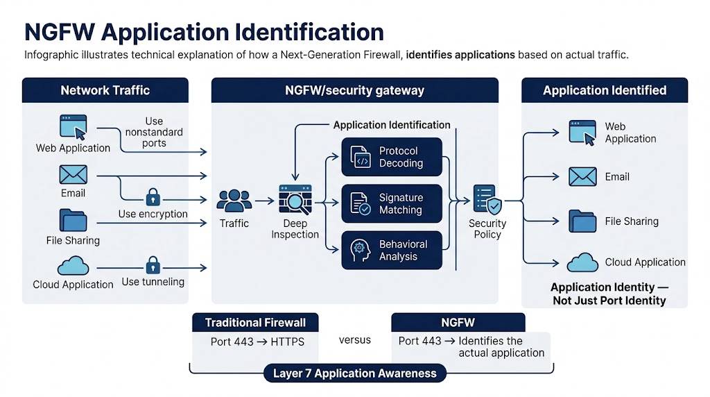Next-Generation Firewall deep inspection application identification infographic.