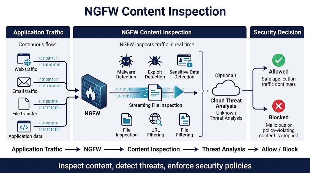Next-Generation Firewall content inspection threat detection diagram.