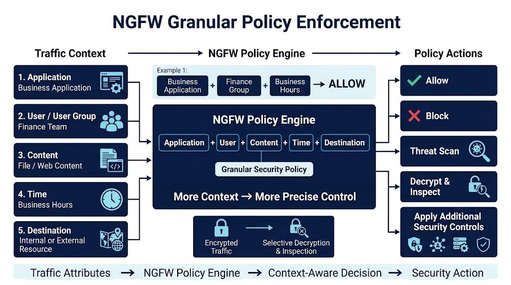 NGFW granular policy enforcement process overview diagram.