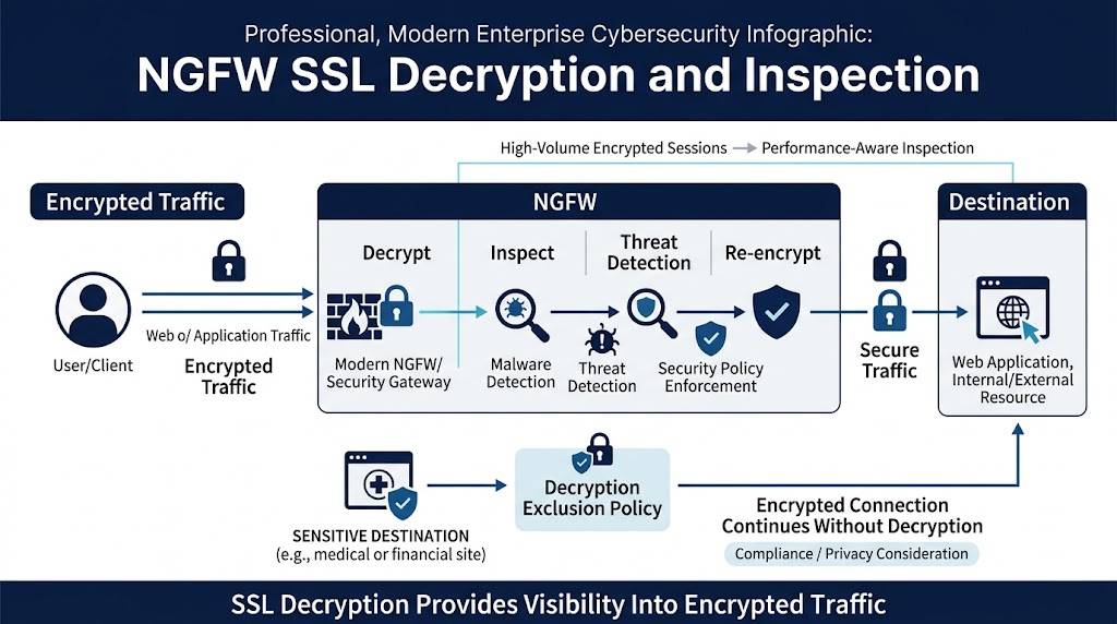 NGFW SSL decryption and inspection process diagram.