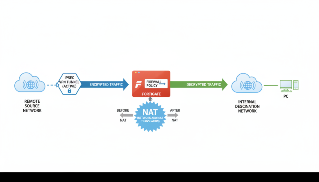 FortiGate IPsec VPN decryption and NAT traffic flow