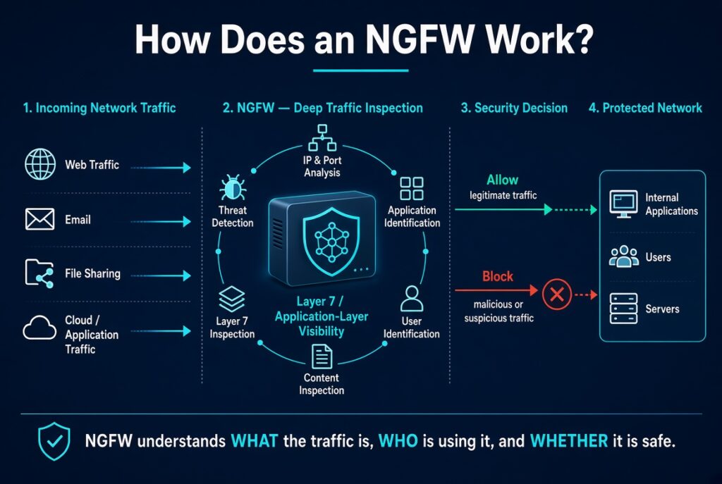 Infographic showing how an NGFW processes network traffic