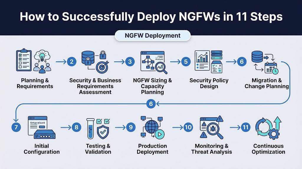 Infographic illustrating how to deploy NGFW in 11 steps