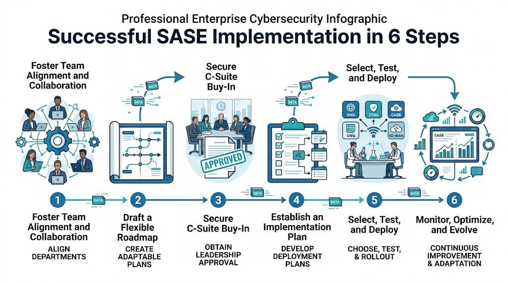 Infographic showing six steps for successful SASE implementation