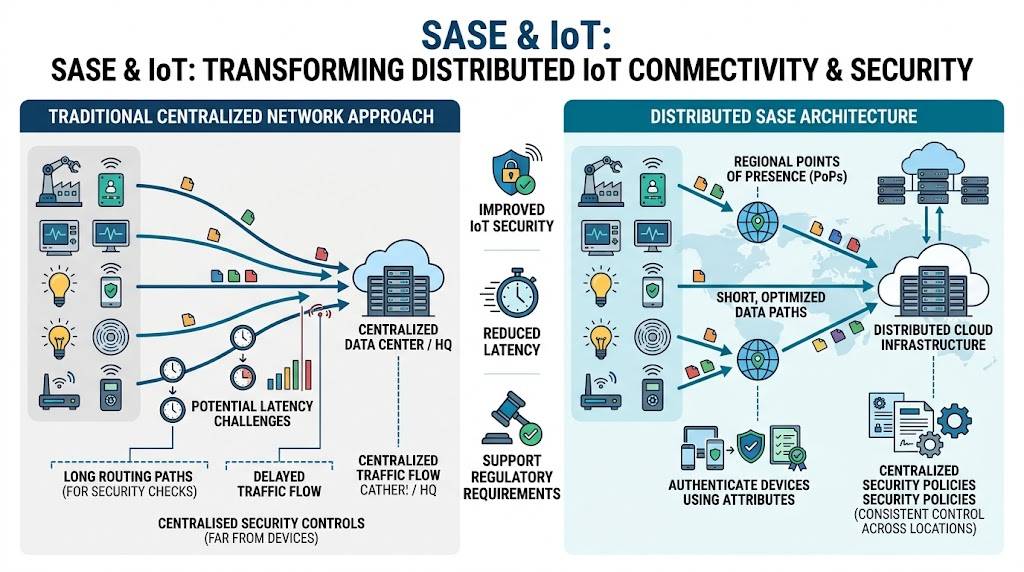 Infographic comparing traditional network and SASE IoT security