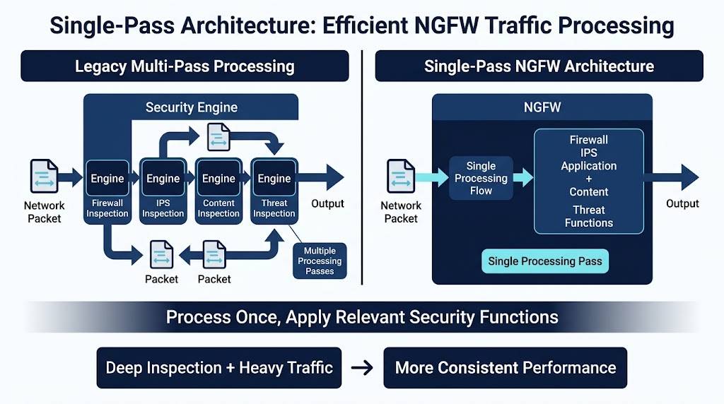 Comparison of legacy and single-pass NGFW architecture