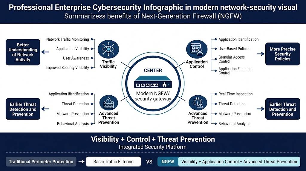 Enterprise cybersecurity infographic showing benefits of modern NGFW