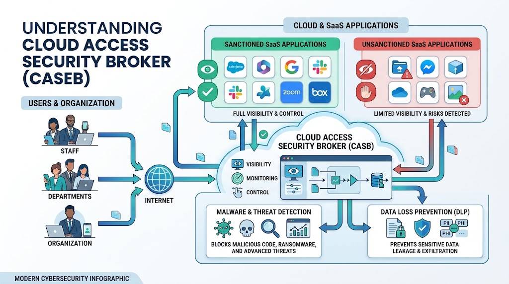 Cloud Access Security Broker CASB workflow infographic