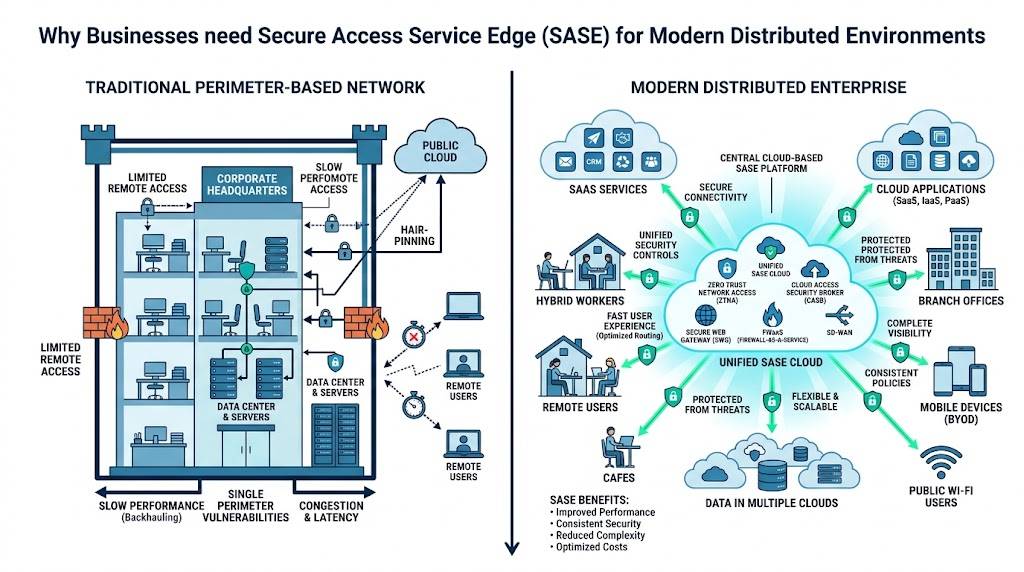 Traditional network versus modern SASE architecture comparison