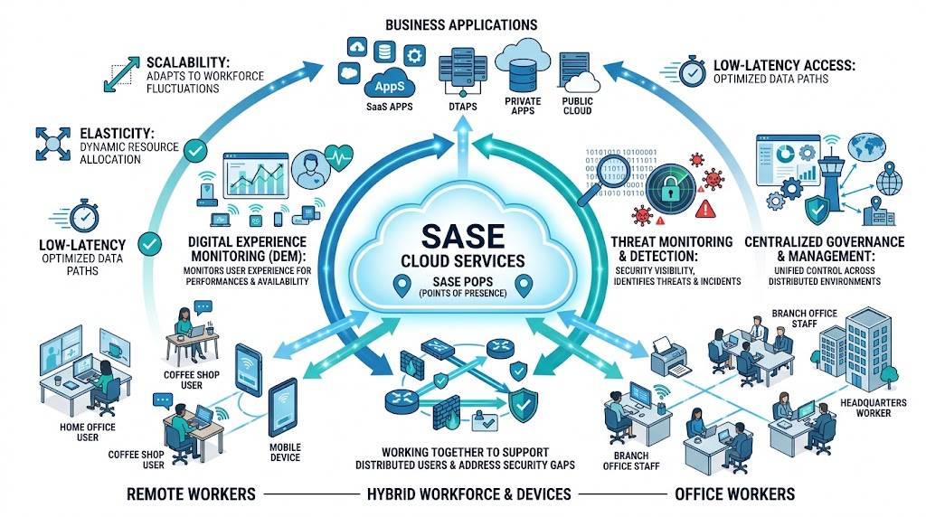 Diagram showing SASE cloud services network architecture
