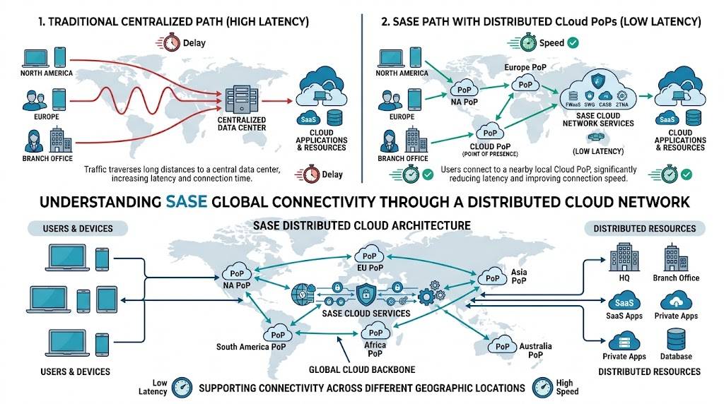 Diagram comparing traditional centralized path and SASE