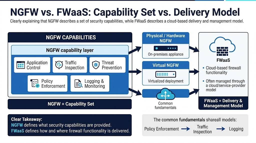 Infographic comparing NGFW capabilities versus FWaaS delivery model