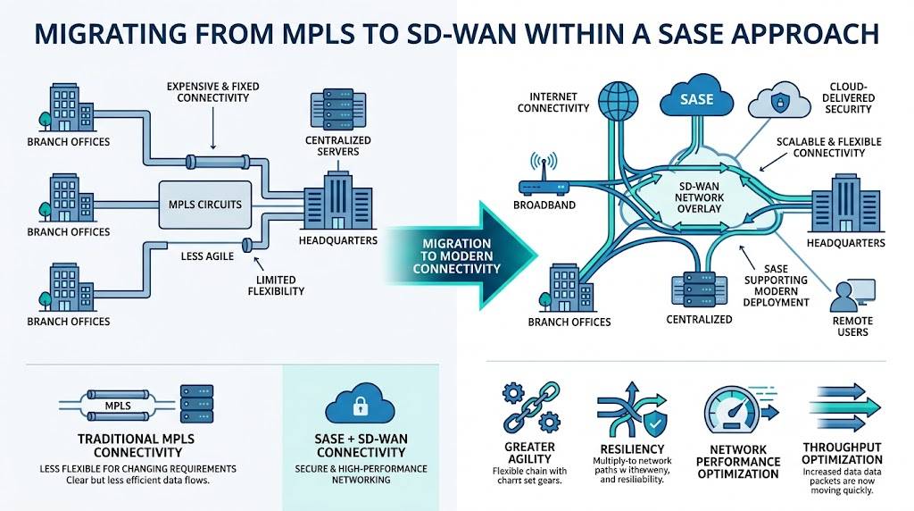 MPLS can be expensive and less flexible for organizations with changing connectivity requirements. SASE provides a path toward scalable and cost-effective SD-WAN deployments. Internet connectivity can provide secure and high-performance networking, while broadband can offer lower-cost and more flexible connectivity options. SD-WAN can provide greater agility and resiliency while optimizing network performance and throughput. Infographic explaining Secure Access Service Edge architecture