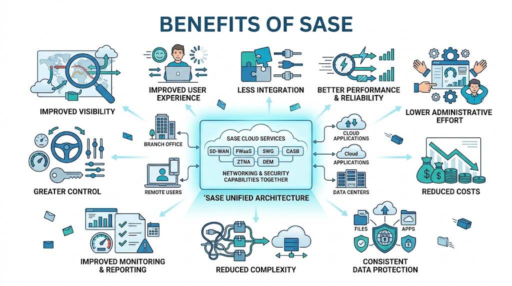 Infographic highlighting the key benefits of SASE architecture