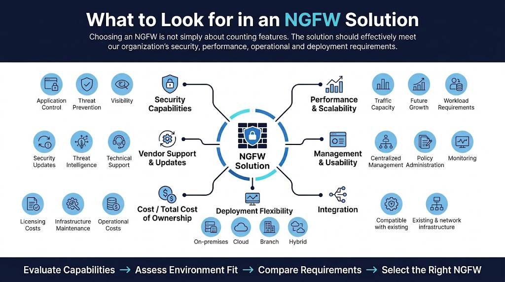 Infographic outlining key criteria for choosing NGFW solution