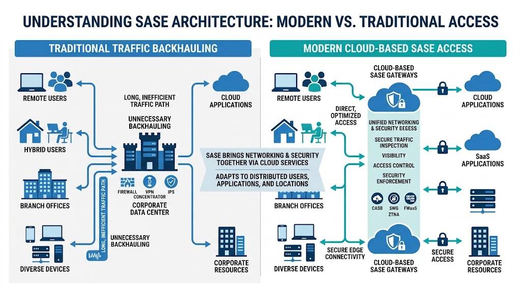 Modern SASE versus traditional traffic backhauling diagram