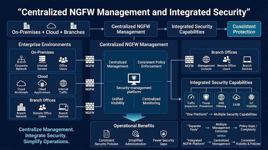 Centralized NGFW management and integrated security architecture diagram