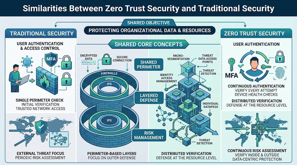Diagram comparing traditional and zero trust security similarities