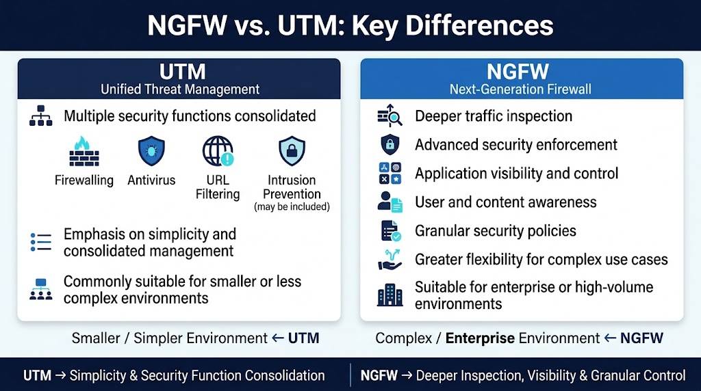 Infographic comparing key differences between NGFW and UTM