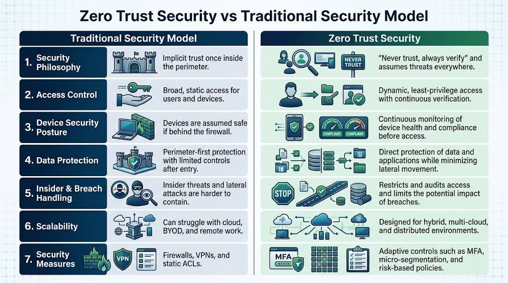 Zero Trust vs Traditional Security Model comparison chart