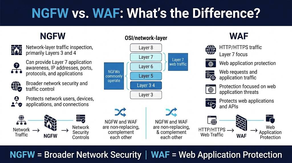 Infographic comparing key differences between NGFW and WAF
